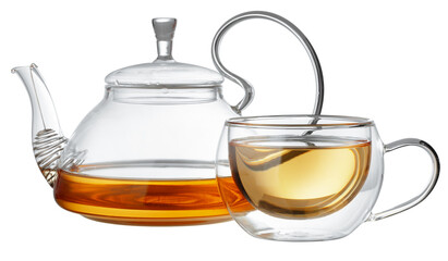 Glass teapot and glass cup with tea isolated on white