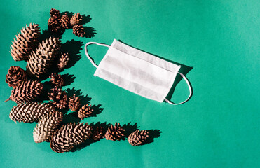 Minimalistic Christmas background and empty space for the inscription. Many large and small pine cones on a flat light green emerald background and a white protective medical mask.