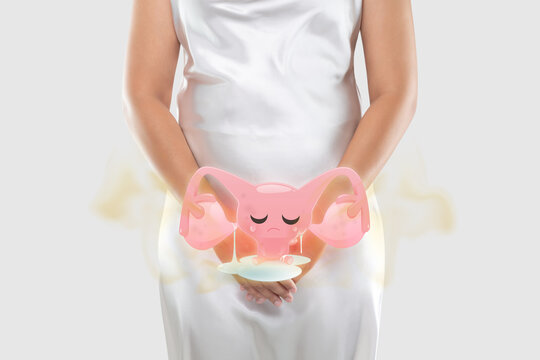 Vaginal discharge and vaginal odor of a female. Leucorrhoea. Illustration of the uterus smelly is on the woman's body.