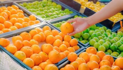 Close up hand choosing orange from the food counter at the supermarket.