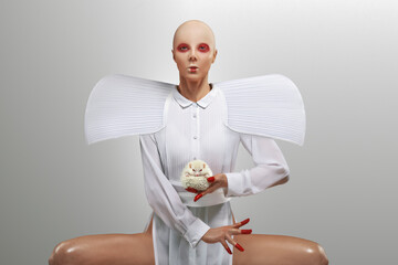 Front view of a bald woman wearing a white dress with large shoulder pads and red makeup, holding an albino hedgehog, standing in a white space