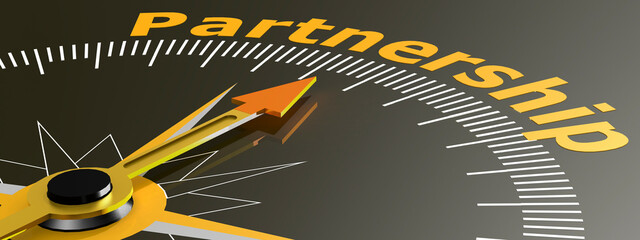 Compass with needle pointing to word partnership