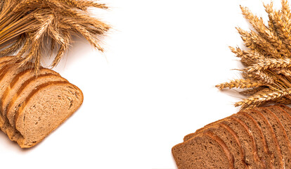Delicious bread. Fresh loaf of rustic traditional bread with wheat grain ear or spike plant...