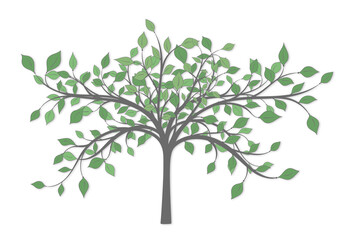 Drawing of a tree with branches and lots of green leaves of different sizes and tones on a white background