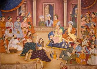 Feast in a rich house - ancient miniature wall painting of Patwon Ki Haveli. A haveli is a...