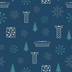 Vector blue grey snowflakes gifts seamless pattern