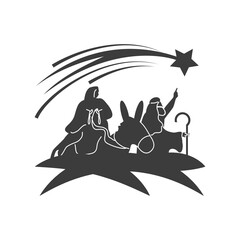 Fototapeta premium nativity, joseph with mary on donkey pointing star in the sky, traditional celebration religious