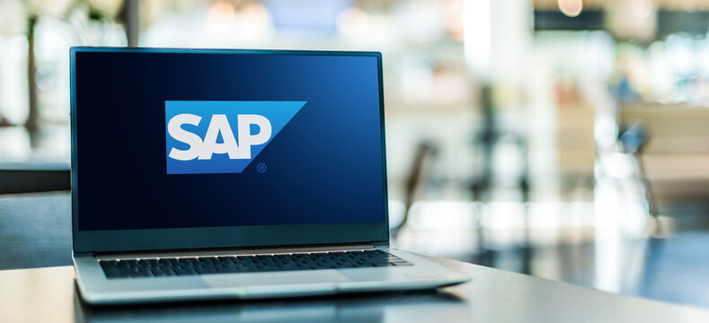 Laptop computer displaying logo of SAP