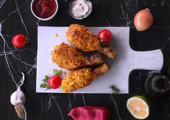 
Delicious homemade crispy fried chicken with sauces on black marble background