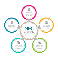 Vector infographic template, circle with 5 steps or options. Data presentation, business concept design for web, brochure, diagram.