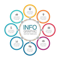 Vector infographic template, circle with 8steps or options. Data presentation, business concept design for web, brochure, diagram.