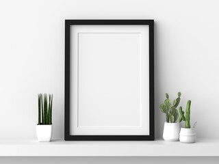 Empty photo frame hanging for mockup in empty white room. 3D rendering.