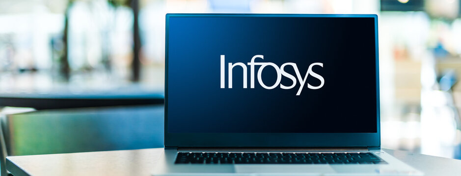 Laptop computer displaying logo of Infosys