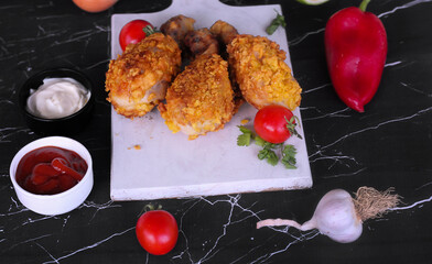 
Delicious homemade crispy fried chicken with sauces on black marble background