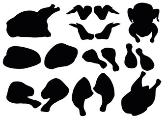 Chicken and chicken meat set. Chicken breast, chicken wings, chicken drumstick, chicken legs, chicken carcass.