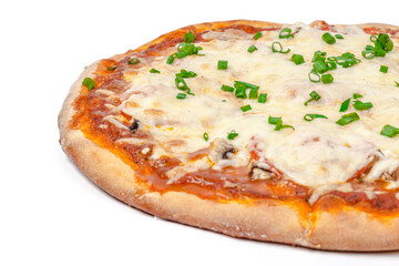 Close up photo of fresh pizza isolated on white