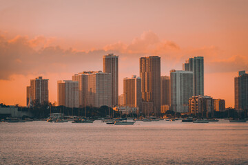 downtown city at sunset miami florida usa buildings sea boat panorama 