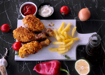 
Delicious homemade crispy fried chicken with sauces on black marble background