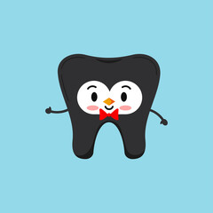 Cute Christmas tooth in penguin costume with bow tie icon in flat cartoon style isolated on background. Happy New Year teeth costume graphic design element vector illustration for dental flyer.