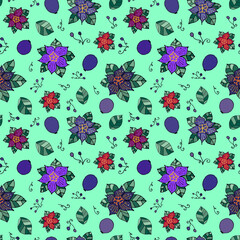 Passion fruit and flowers on pale turquoise