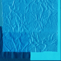 Blue torn paper collage close-up. Texture made from various paper and cardboard parts. Damaged old paper background. Vintage blank wallpaper. Material design backdrop.