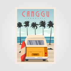 canggu beach with vintage car background design, surfing poster vintage illustration design.