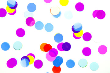 Festive, multicolored paper confetti in the form of circles isolated on white background