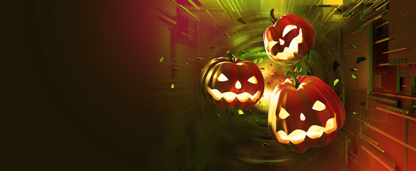 Halloween. Jack Pumpkinhead, all saints night. Party in cyberpunk style. Infernal portal, ghost breakout. 3d illustration
