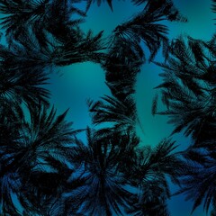 Seamless Miami night tropical pattern black foliage on sunset blur. High quality illustration. Swim, sports, or resort wear repeat print. Dark foreground on blurred background. Dark vibrant colors.