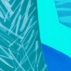 Blue torn paper collage close-up. Texture made from various paper and cardboard parts. Damaged old paper background. Vintage blank wallpaper. Material design backdrop.