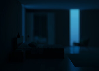 Modern bedroom interior. Night. Evening lighting. 3D rendering.