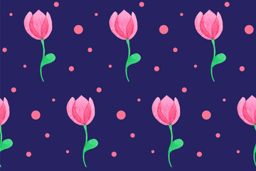Seamless pattern with fantasy pink flowers. Hand drawn watercolor tulips. Spring illustration. Beautiful print for textile, greeting cards, wrapping paper, decor and design. Celebration style