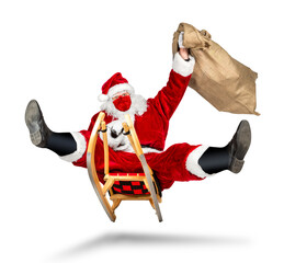crazy santa claus with covid-19 coronavirus face breathing mask on his sleigh big red gift bag ...