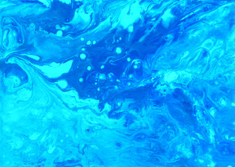 Abstract fluid art background. Blue, azure and turquoise colors mix together. Beautiful creative print. Abstract art hand paint. Original artwork. Color splashing on paper. Cosmic texture