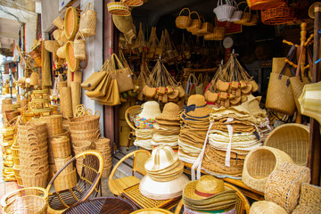 View of an old bammoo basket storefront in Chiang Mai, Thailand. There are all rattan products in Thai culture..