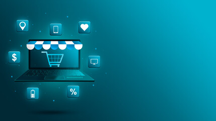 Online shop on laptop 3d. Social media shoping online. Shopping Online on website or laptop application concept. Marketing and digital marketing. Blue background. 3d render