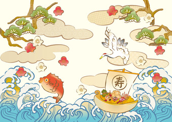 宝船と鯛と波のおめでたいイラスト
