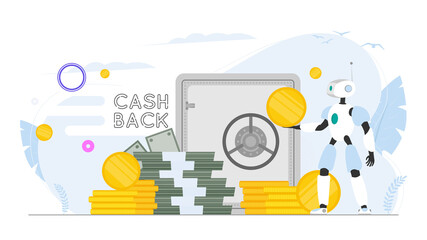 Cashback banner. The robot is holding money. Robot assistant with a gold coin in his hands. A mountain of money. Dollars, bundles of money, gold coins. Vector.