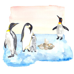 Watercolor illustration of a small penguin community. Perfect for printing, textile, web design, souvenirs, photo albums, scrapbooking and many other creative ideas.
