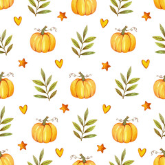 Cute seamless pattern with pumpkins and leaves. Drawn by hand with watercolors and colored pencils. For wrapping paper, wallpaper, textiles and more.