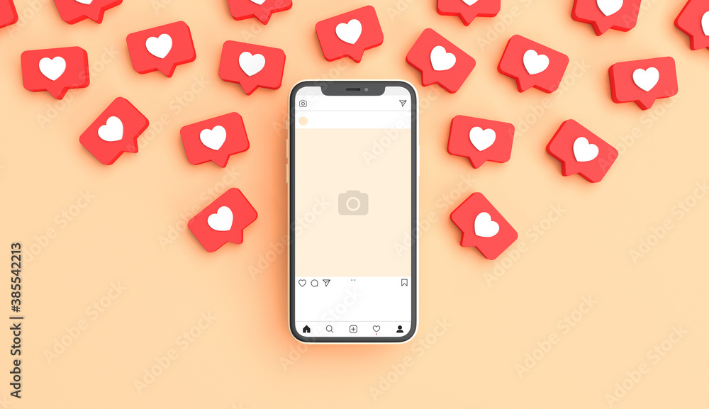 Aufkleber social media post mockup in a phone surrounded by like notifications. 3d rendering