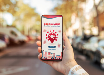 Phone mockup with a coronavirus tracking location app held by a woman on the street