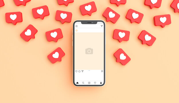 Social media post mockup in a phone surrounded by like notifications. 3D rendering