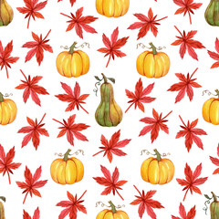 Cute seamless pattern with pumpkins and maple leaves. Drawn by hand with watercolors and colored pencils. For wrapping paper, wallpaper, textiles and more.