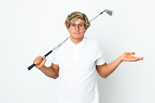 English man playing golf having doubts while raising hands