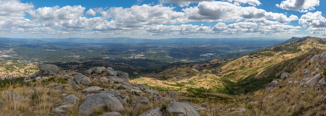 Ultra panoramic view Serra da estrela mountains by Caramulo Mountains, and wind turbines on top of mountains - obrazy, fototapety, plakaty