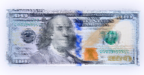 100 US Dollar banknote bill, damaged grunge texture. American money, dollars closeup design element isolated, light background. Crisis, inflation, recession, stock market, business finance 3D concept