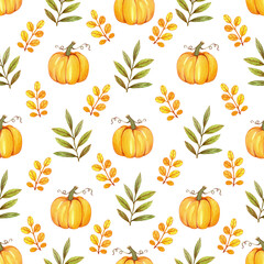 Cute seamless pattern with pumpkins and leaves. Drawn by hand with watercolors and colored pencils. For wrapping paper, wallpaper, textiles and more.