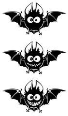 Set of smiling faces of bats. For Halloween. A black silhouette with wings and predatory smiles. On a white background, isolated.