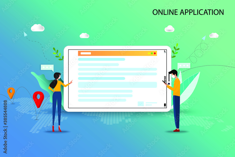 Fototapete online application concept, young man and woman are searching in the internet by using tablet to fin